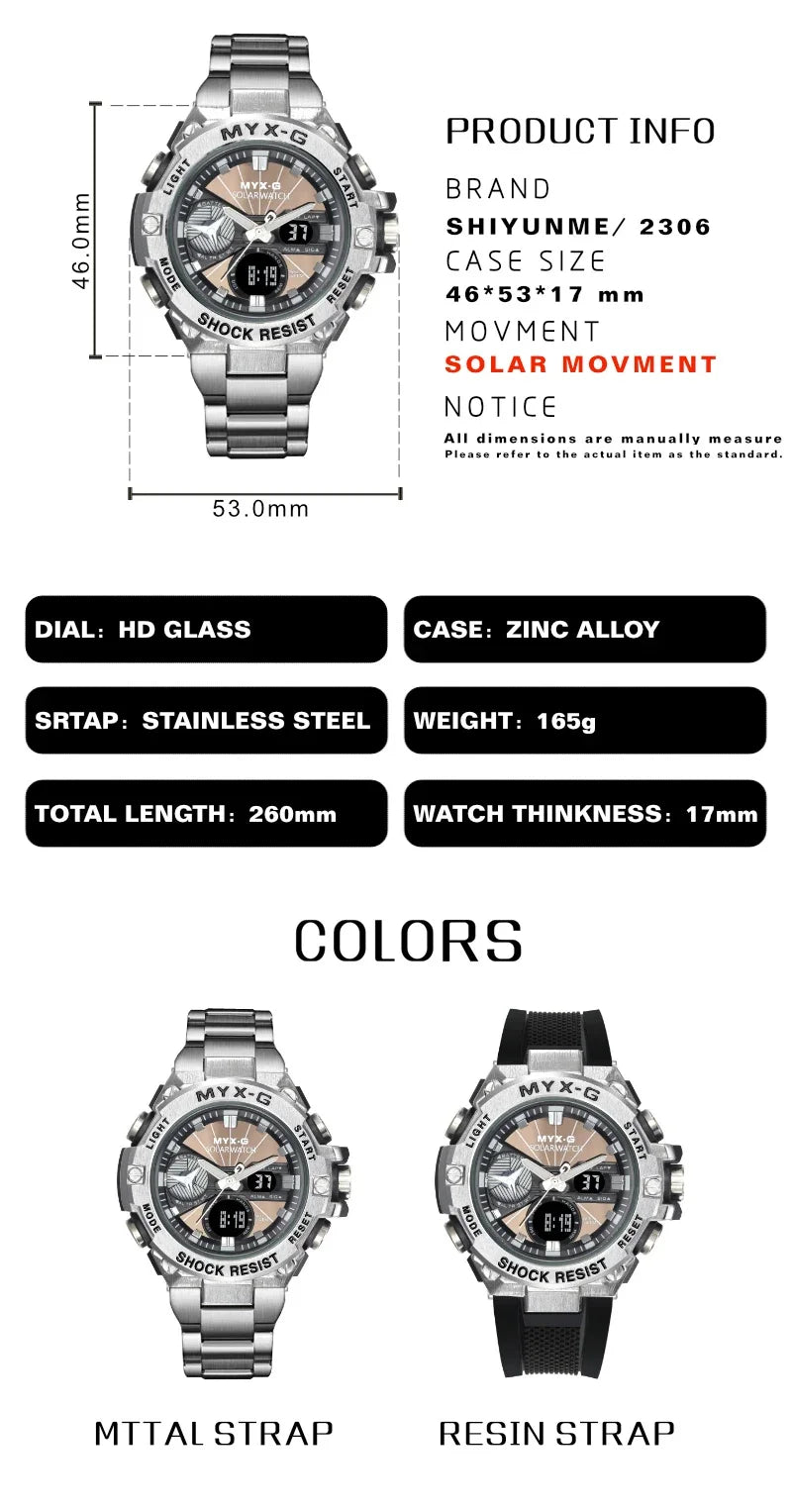 Montre Homme Énergie Solaire STRYVE – Style Acier Inoxydable – Double Affichage Analogique & Digital – Multifonction – Étanche 50M - BLACKBEARD OUTDOOR INDUSTRIES