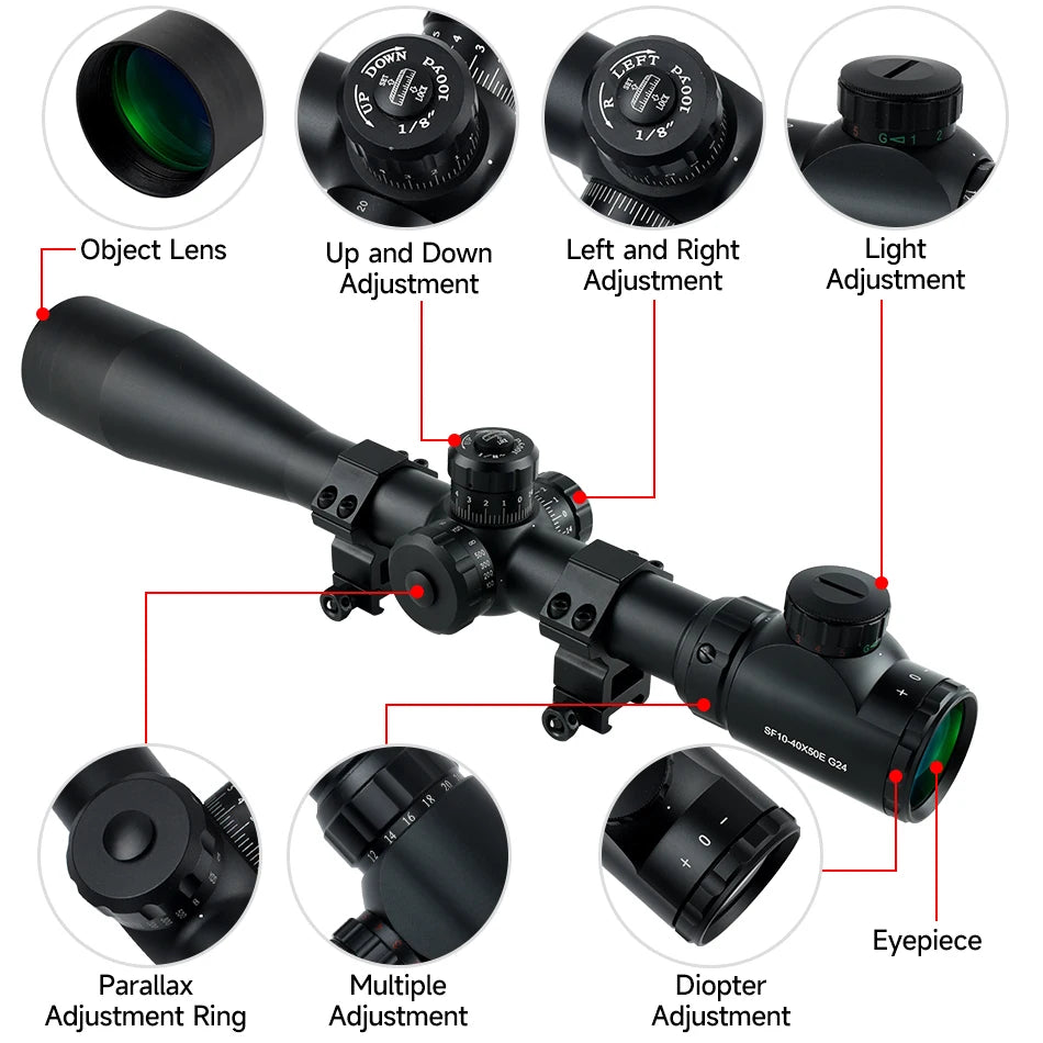 Lunette de Visée Tactique SFP 4-16X44 / 6-24X50 / 10-40X50 avec Réticule Illuminé Rouge & Vert, Réglage Parallaxe - BLACKBEARD OUTDOOR INDUSTRIES