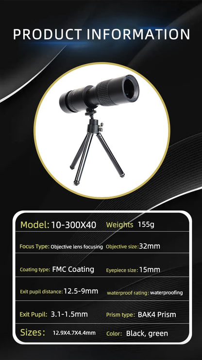 Longues-Vues Monoculaire 10-300x40 HD avec Prismes BAK4 – Télescope Portable Haute Définition pour Chasse, Camping et Observation à Longue Distance - BLACKBEARD OUTDOOR INDUSTRIES